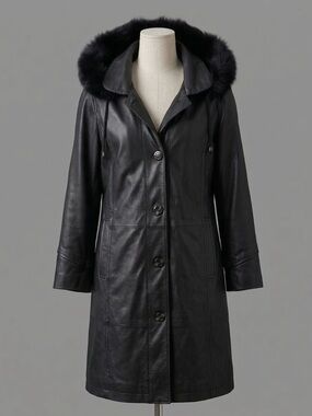 Vintage Plonge Black Genuine Leather Hooded Coat Size Large